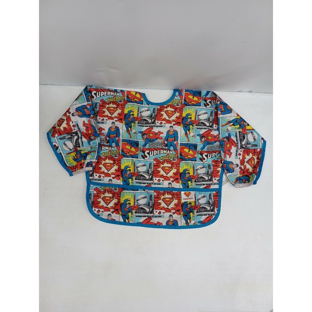 Vtg Bumkins Superman bib With Pockets kids boys girls Long Sleeve